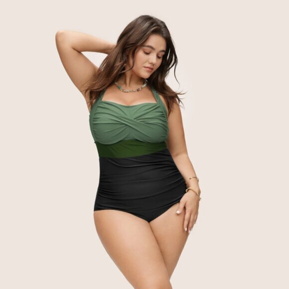 Bloomchic Size L Contrast Twist Front Skinny One Piece Swimsuit - Picture 1 of 6